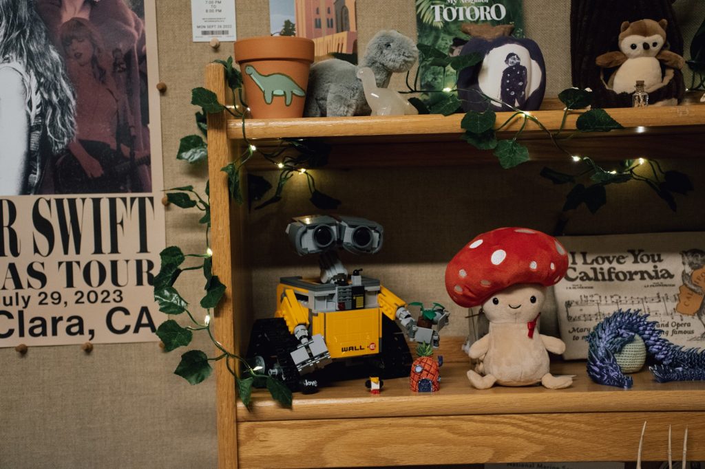 Wasserman's desk features a Lego Wall-E model that noticeably stands out from her desk decor due to its color and size. The vine lights wrapping around her desk add a softness to the frame and highlight the objects kept on the shelves.