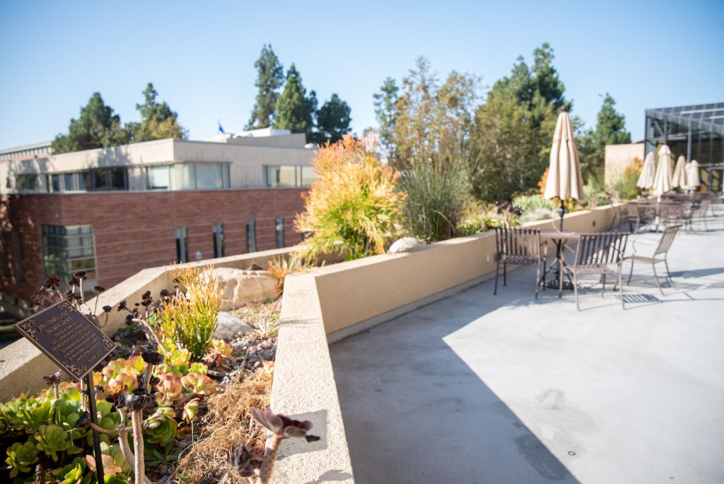 A row of tables bordered by succulents overlook Bruin Walk from the John Wooden Center. Other tables lie around the corner, making the second floor of center a great spot to enjoy some solitude while watching the students interact below. Photographed by Julia Gu/BruinLife.