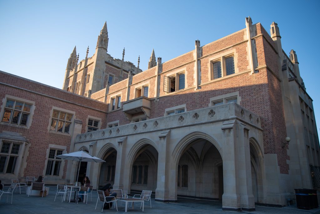 As the sun sets on Kerckhoff Hall, the shadows within the arches create a strong contrast in the lighting. Kerckhoff Hall finished construction in 1931.