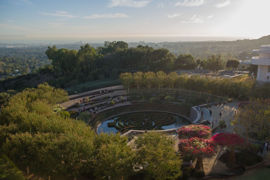 The Central Garden of the Getty Center spirals around a pond. The peaceful environment created makes it an excellent place for studying. Photo by Katelyn Michel/BruinLife.