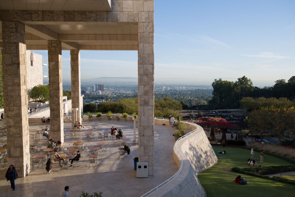 The travertine seating area offers expansive views over calm green gardens. The Getty Center provides excellent sights of Los Angeles and the Pacific Ocean. Photo by Katelyn Michel/BruinLife.