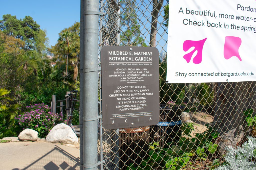 Entrance to the Mildred E. Mathias Botanical Garden off Tiverton Drive. The Botanical Garden is a popular spot for Bruins to walk, sit and relax.