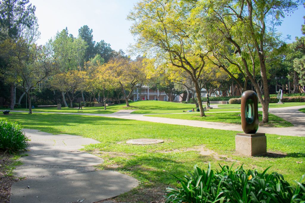 A long elliptical statue stands near the walkways in the Sculpture Garden. Found in North Campus, the garden is a popular spot for art students, as it is close to their classes and is often bathed in sunlight.