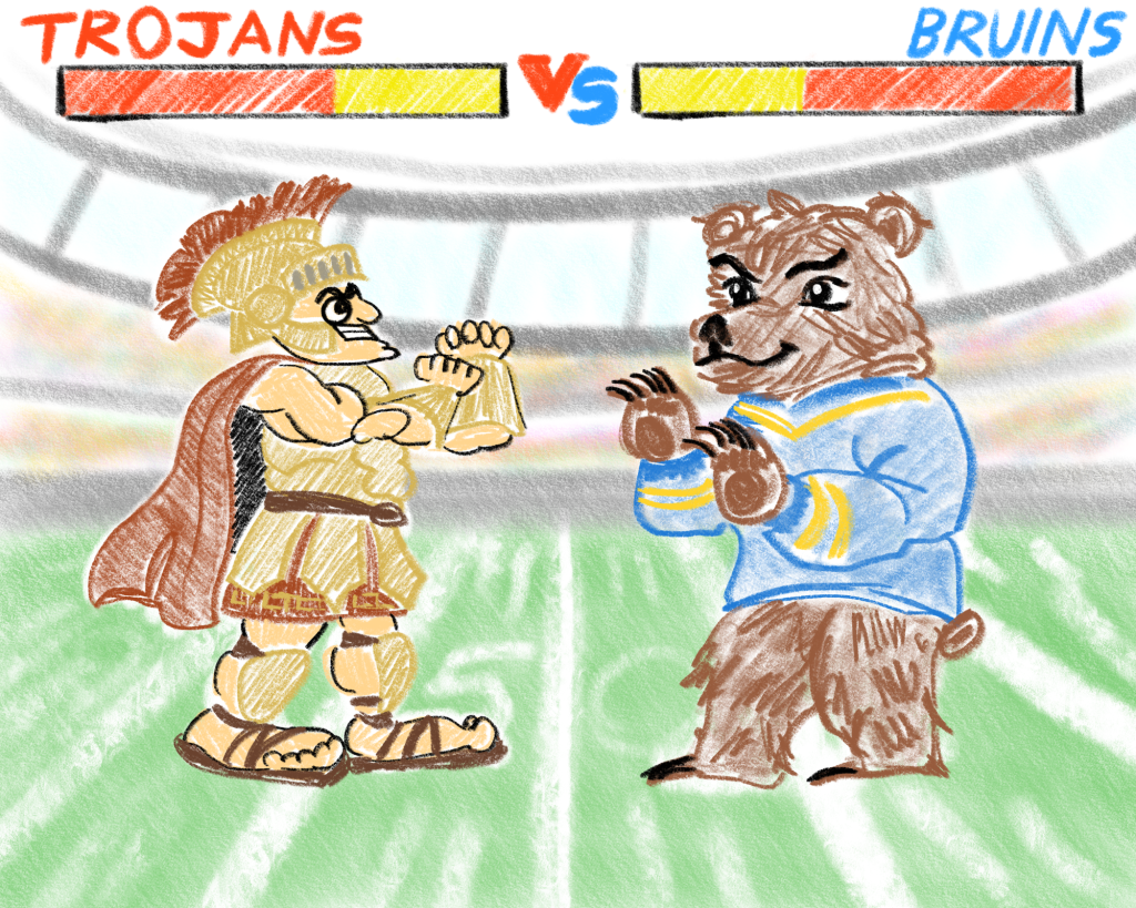 UCLA vs USC mascots in a video game. Illustration by Erin Park/BruinLife