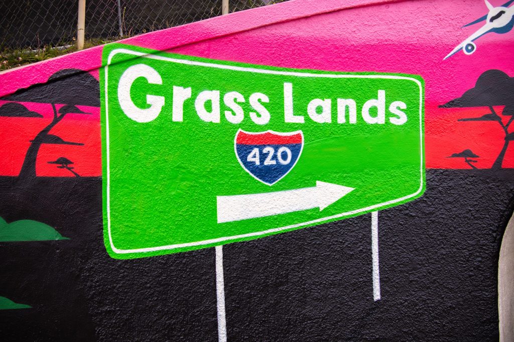 A mural points in the direction of the entrance to Grass Lands, an area of the festival dedicated to all things weed related. "420" was seen on the interstate sign as the number has become synonymous with smoking cannabis. Photographed by Caleb Velasquez/BruinLife.