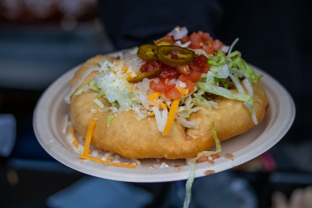 Bison Frybread Taco from Wahpepah’s Kitchen. This dish had a faint semblance something that could be ordered off of the Taco Bell menu. Photographed by Caleb Velasquez/BruinLife.