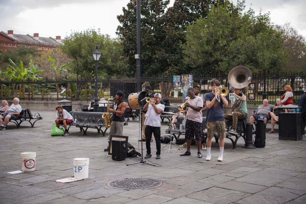 A group of New Orleans jazz artists gather in Jackson Square to share their music with passersby. Photographed by Emily Chandler/BruinLife.