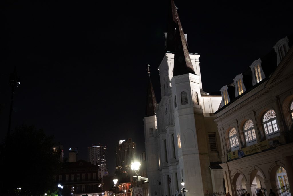 Saint Louis Cathedral, the seat of the Archdiocese of New Orleans and one of the oldest Catholic cathedrals in the continental United States, towers over Jackson Square.  Photographed by Finn Martin/BruinLife.