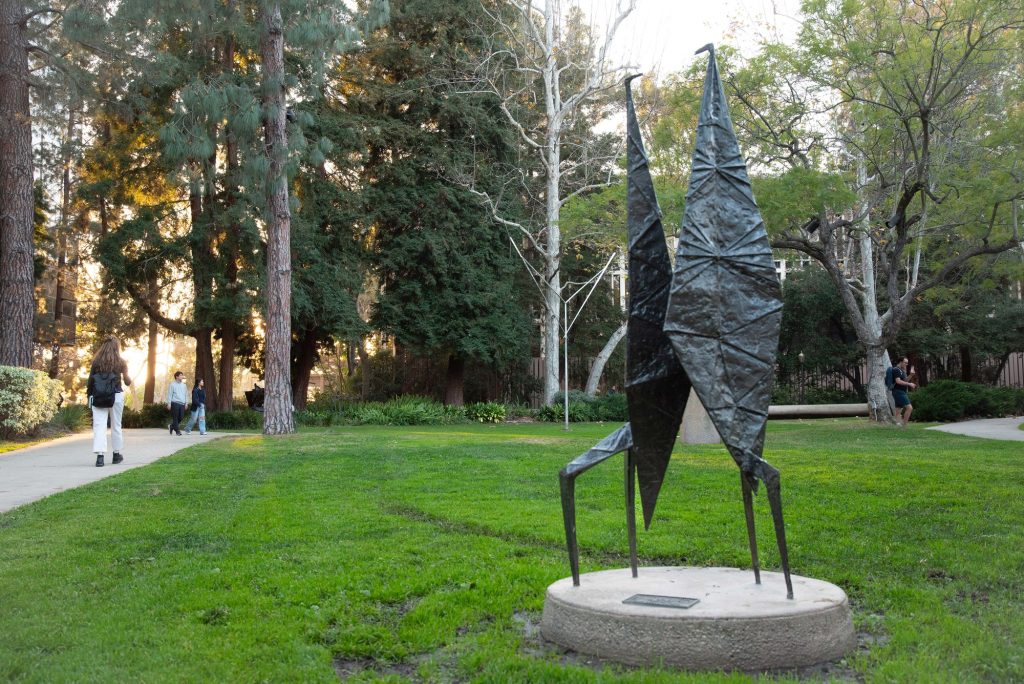 An artistic metal sculpture stands prominently in UCLA's Franklin D. Murphy Sculpture Garden.