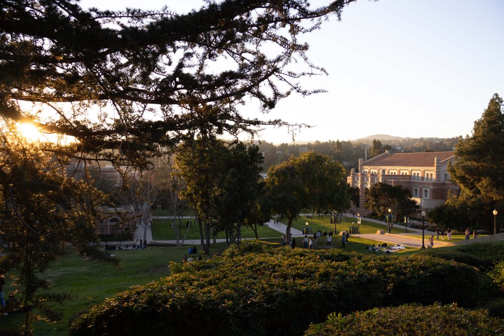 Light illuminates Wilson Plaza on a slow Sunday evening. The top of Tongva Steps is a place to pause and soak in the last rays of sun after a long day of class. Photographed by Julia Gu/BruinLife.