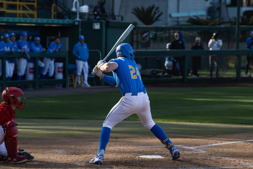 Infielder number 24 AJ Saldado positions himself to hit the pitcher's throw. He had 6 runs batted in today's game.