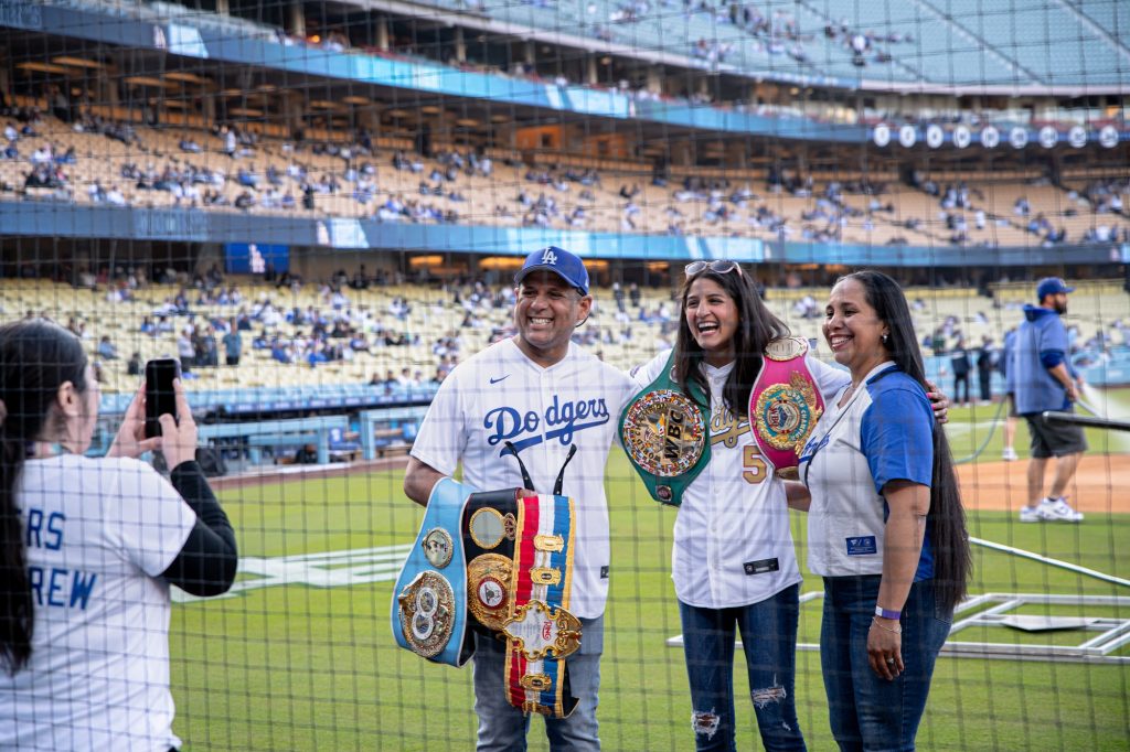 UFC flyweight champion Gabriela Fundora prepares to say "It&squot;s Time for Dodger Baseball." Photographed by Finn Martin/BruinLife.