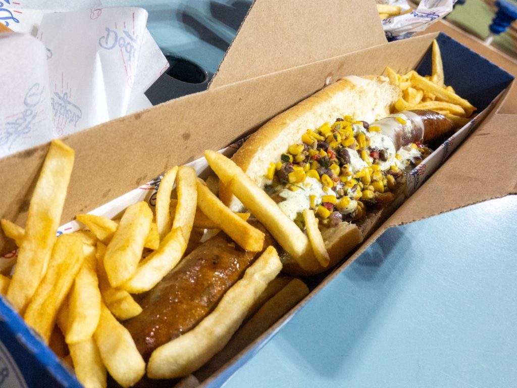 Served with a side of French fries, topped with a corn salsa and a creamy cheese, "The Slugger" is truly a beat of the batting cage. Photo by Gavin Meichelbock/Bruin Life.