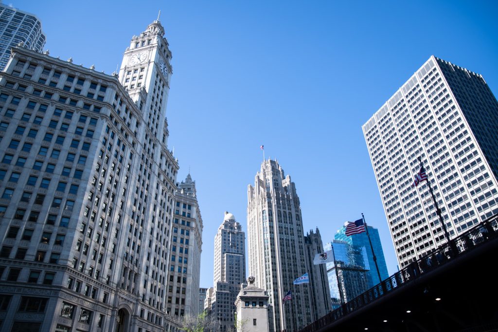 The Wrigley Building, seen center here, was raised in a Spanish Revival design that was patterned after Seville's Cathedral Giralda Tower. Photographed by Finn Martin/BruinLife.