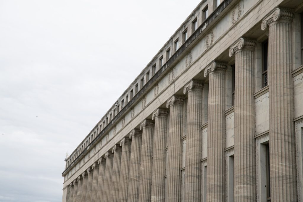 The columned museum exterior is pictured. Photographed by Finn Martin/BruinLife.