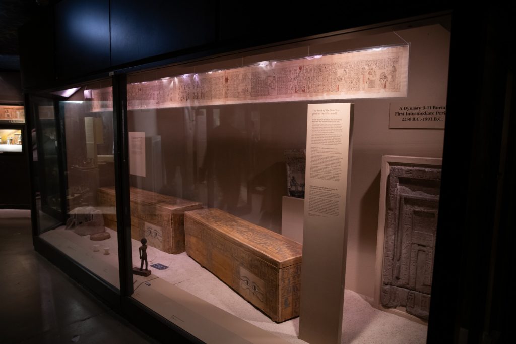 A copy of the Egyptian Book of the Dead is on display. The Book takes origin from the supposedly sacred but definitely privileged words carved into the tombs of the early-dynasty Egyptian royalty. Photographed by Finn Martin/BruinLife.