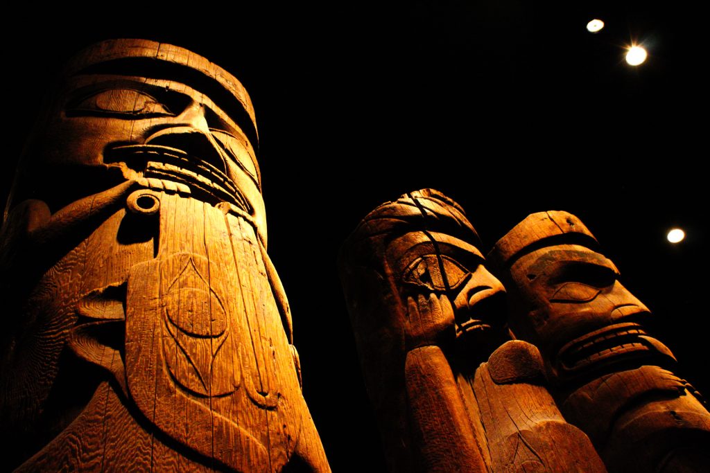 These totem poles would have been found in the houses of Native Americans and used to recount visual narratives or family histories. Photographed by Gavin Meichelbock/BruinLife.