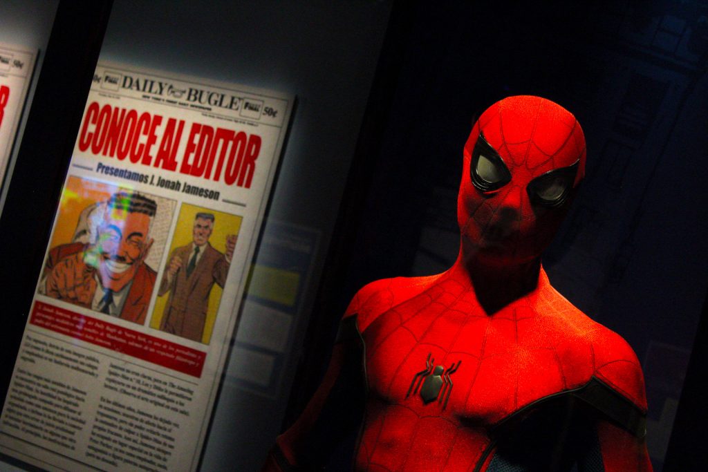The Spider-Man costume as worn by Tom Holland in "Spider-Man: Homecoming" stands on display at the Griffin Museum. Photo by Gavin Meichelbock/BruinLife.