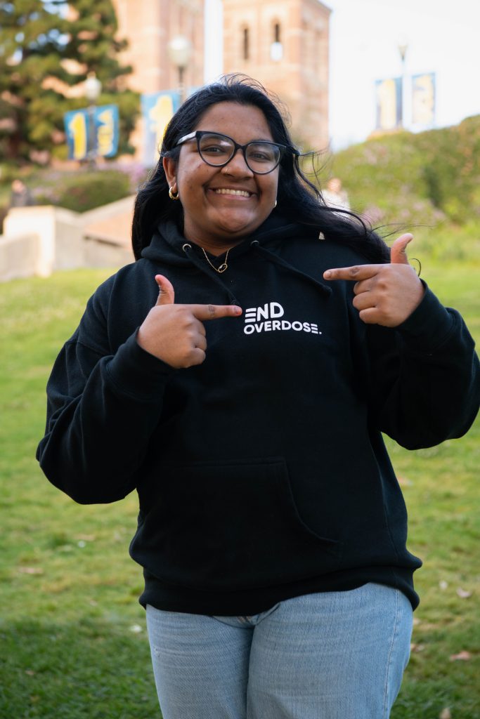 Shreya Sundar, 3rd year public health student and external outreach VP at End Overdose UCLA poses for a picture at Janss Steps. Photographed by Khaled Al Duwaikat/BruinLife.