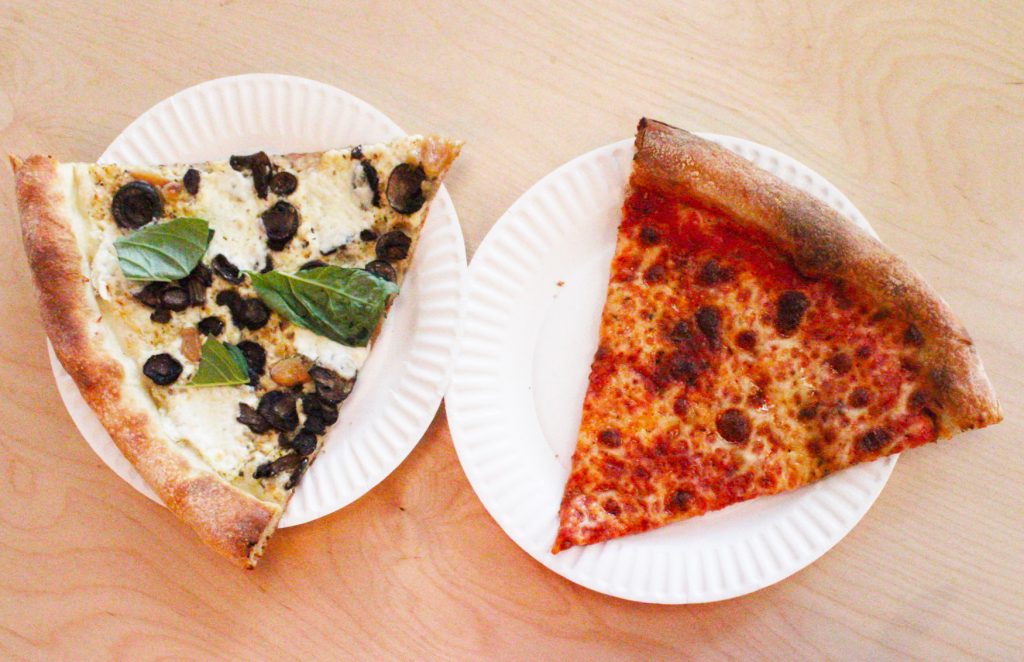 On the left, every child's nightmare — mushrooms on pizza. On the right, every child's favorite food — a slice of cheesy pizza. Photo by Gavin Meichelbock.