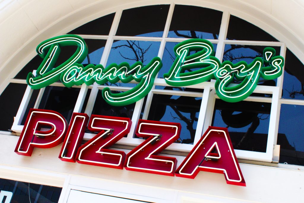 A New York-style street sign adorns the entrance to Danny Boy's Westwood slice house. Photo by Gavin Meichelbock.